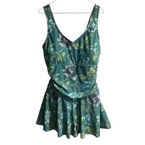 April Cornell Women Large Teal Blue Floral Bathing Suit Dress‎ Flounce Skirt